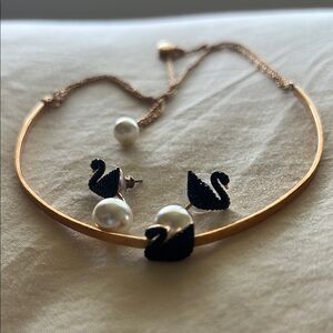 Swarovski Gold and Black Swan Necklace Set